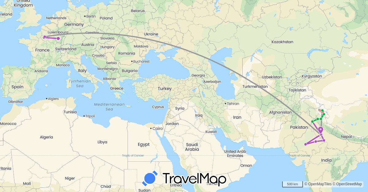 TravelMap itinerary: bus, plane, train, hiking in France, India (Asia, Europe)