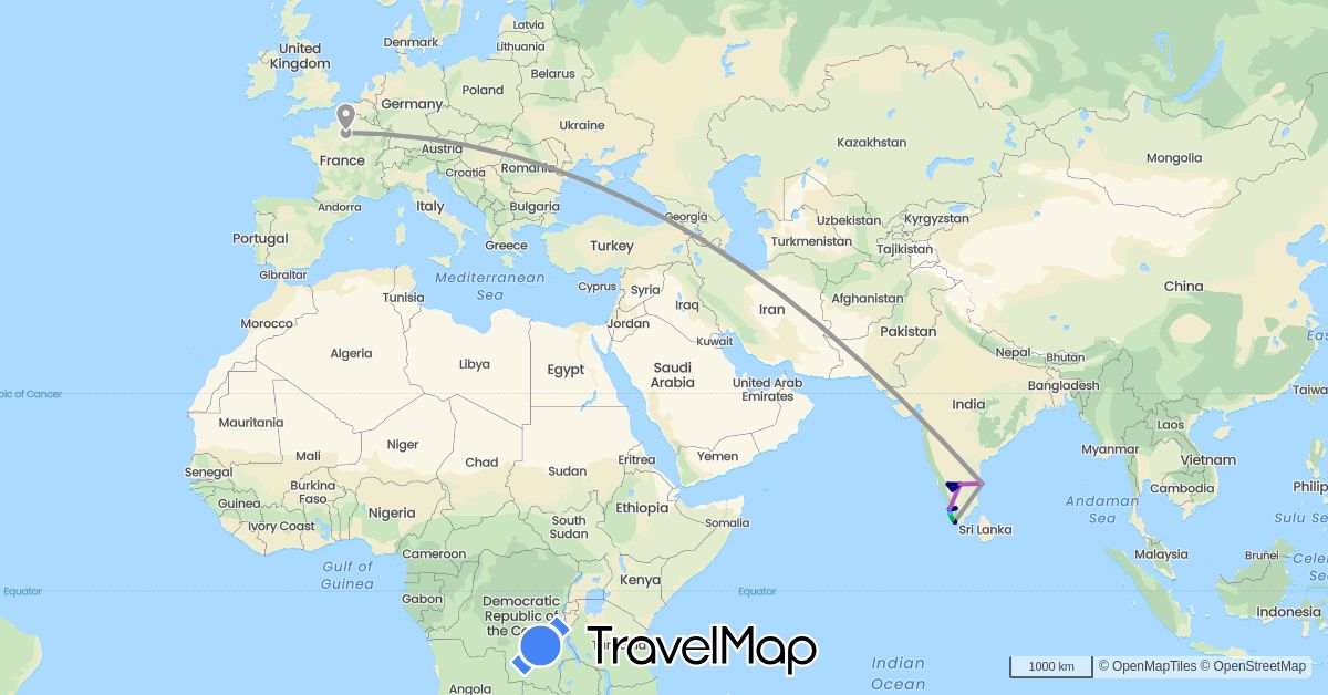 TravelMap itinerary: driving, bus, plane, train, boat in France, India (Asia, Europe)