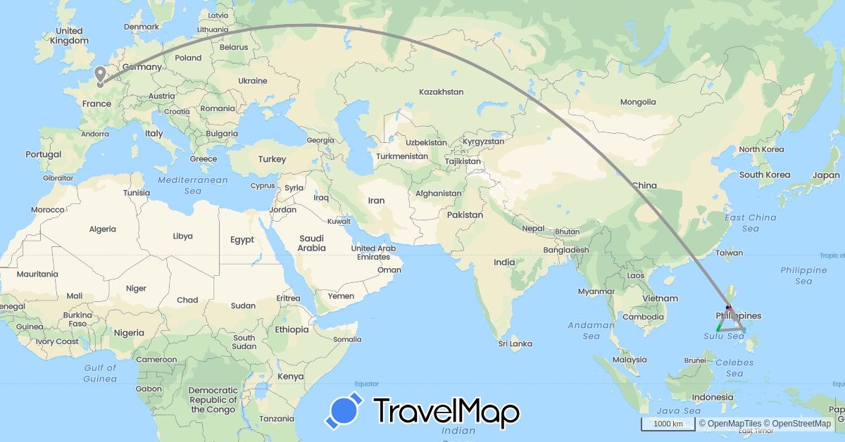 TravelMap itinerary: driving, bus, plane, hiking, boat in France, Philippines (Asia, Europe)